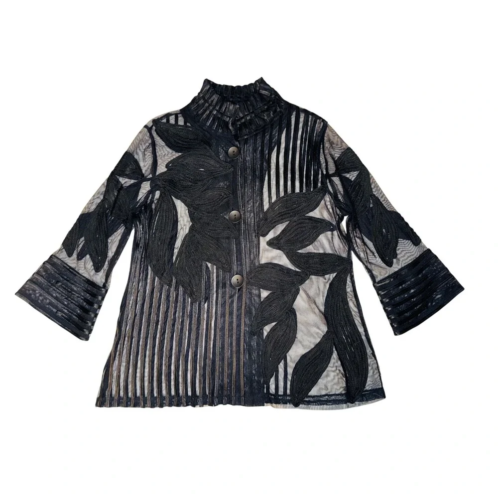 DAMEE Two Tone Soutache Women's Black Sheer Lace Leaf Button Front Jacket Size L